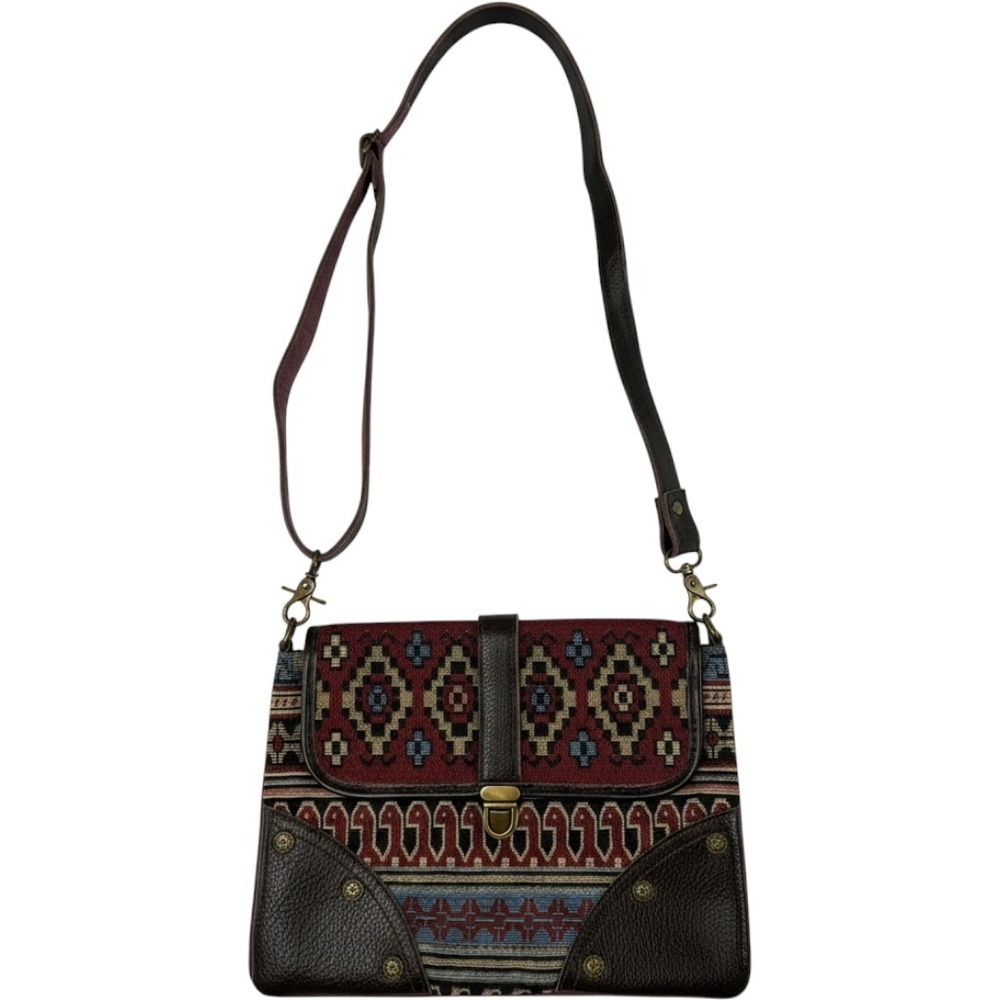 Ann Goti Crossbody Bag Womens Medium Red Excellent Boho Tapestry Leather Trim
